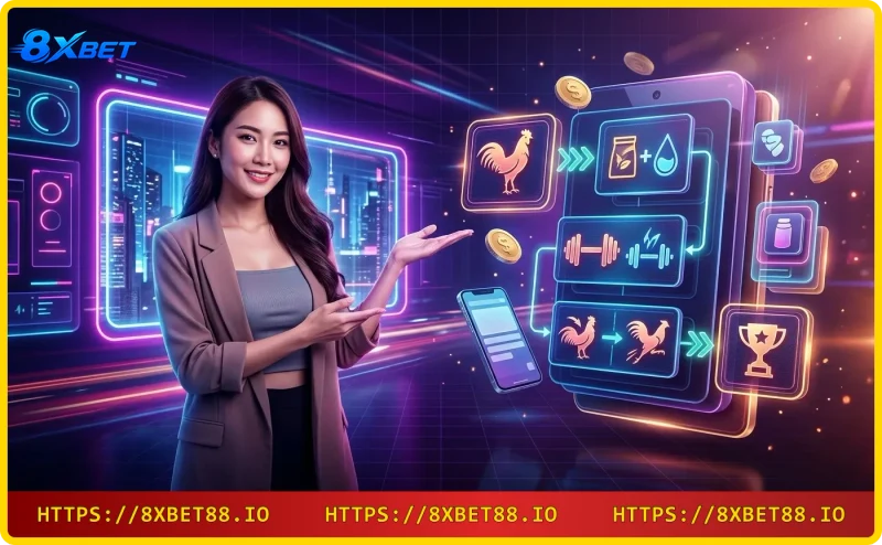 Gà đá đang tập luyện với động tác ra đòn mạnh mẽ, hiệu ứng chuyển động, ánh sáng neon
